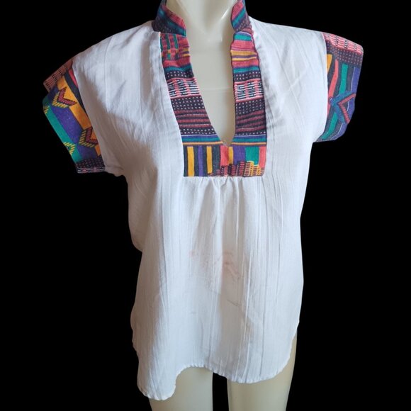 Vintage Women's Small Peasant Blouse 1970's Hippy Guatemalan Cotton Distress - Picture 2 of 9